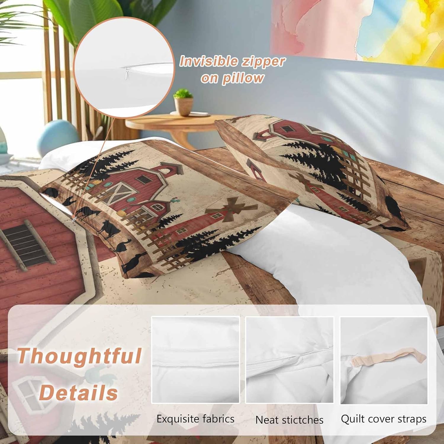 Red Farmhouse Duvet Cover Set Queen Size 4 Pieces Country Farm Barn Cow Pig Chicken Fence Tree Wood Grain Bedding Set with Zipper Closure, 1 Comforter Cover 92x106 Inches 1 Flat Sheet & 2 Pillow Cases