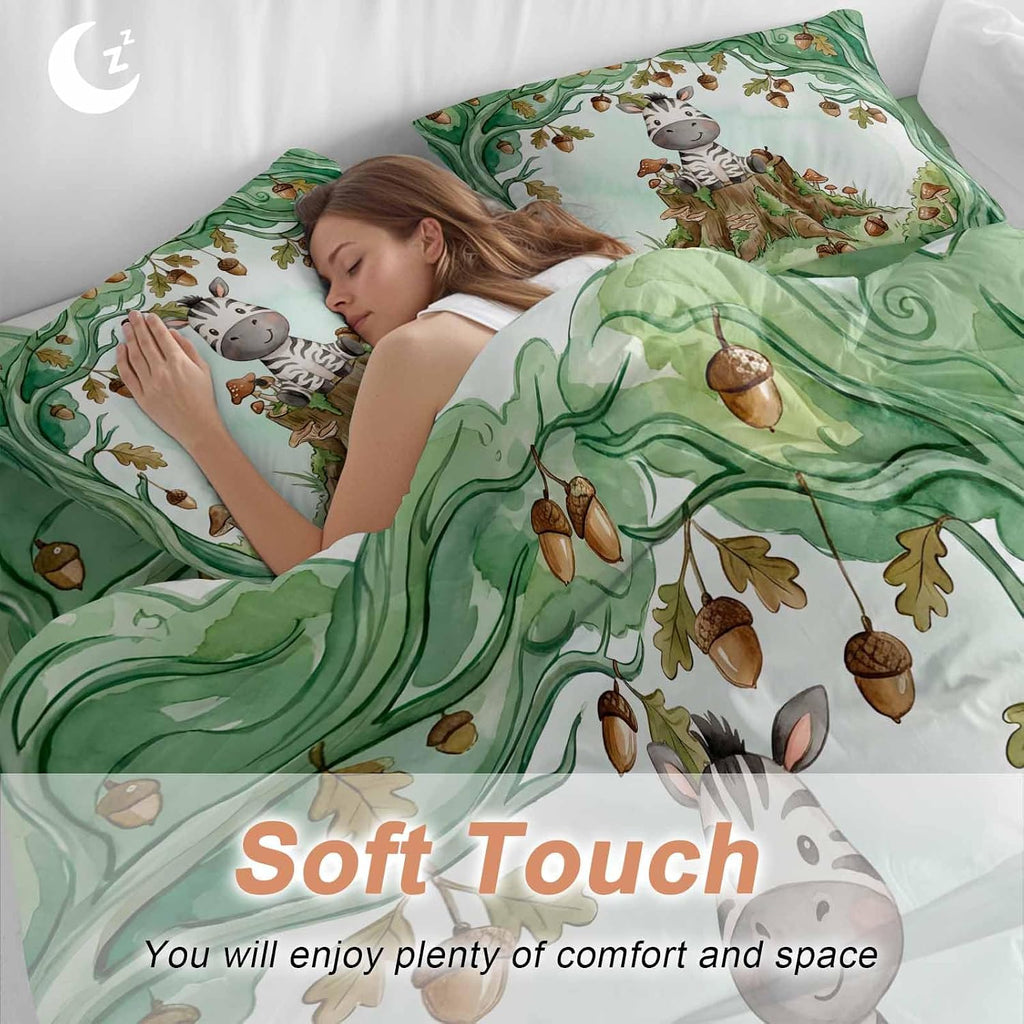 Cartoon Small Zebra Duvet Cover Set Queen Size 4 Pieces Watercolor Forest Animal Acorn Green Tree Bedding Set with Zipper Closure, 1 Comforter Cover 86x86 Inches 1 Flat Sheet & 2 Pillow Cases