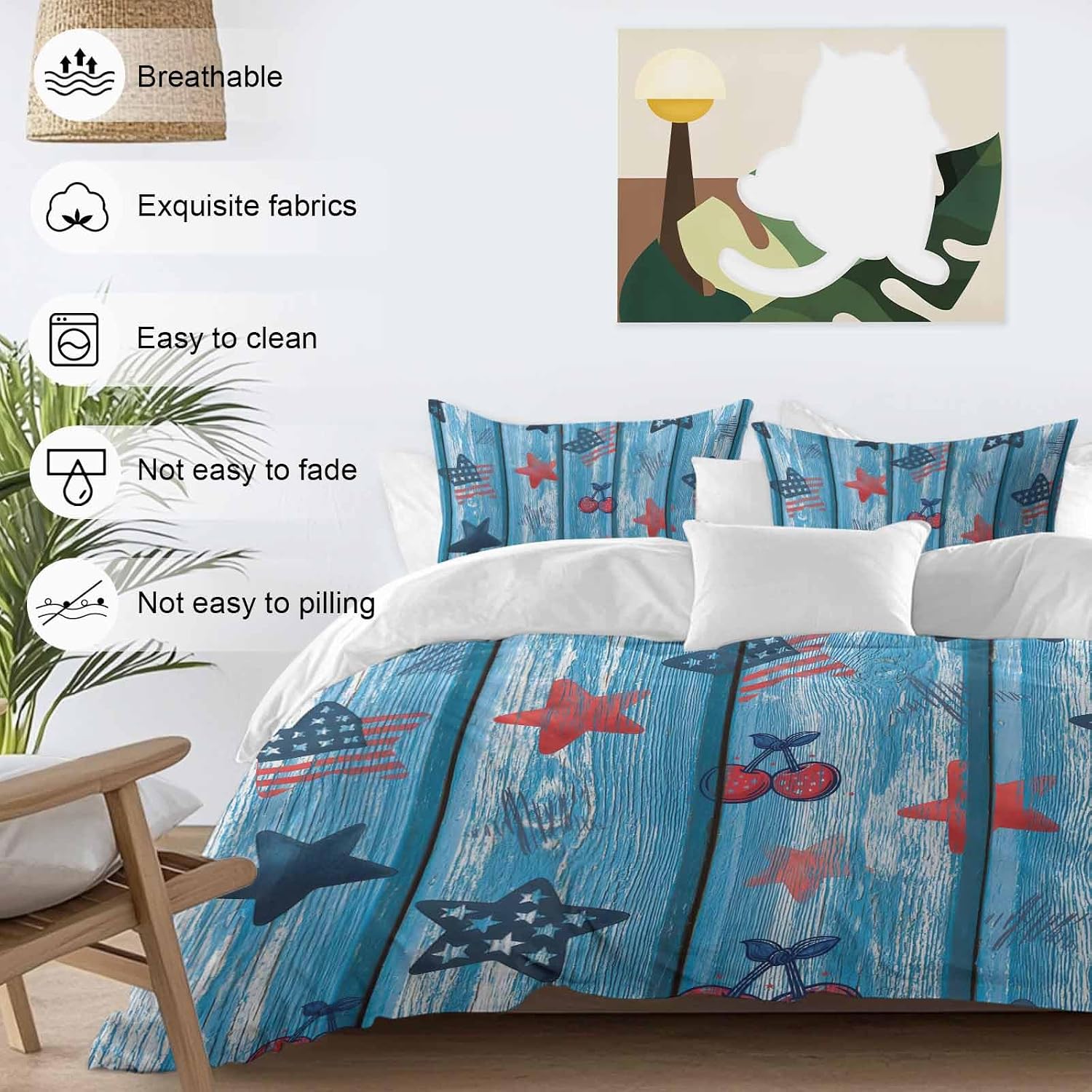 Independence Day Duvet Cover Set Queen Size 4 Pieces Graffiti Five-Pointed Star Blue Wood Grain Bedding Set with Zipper Closure, 1 Comforter Cover 90x92 Inches 1 Flat Sheet & 2 Pillow Cases