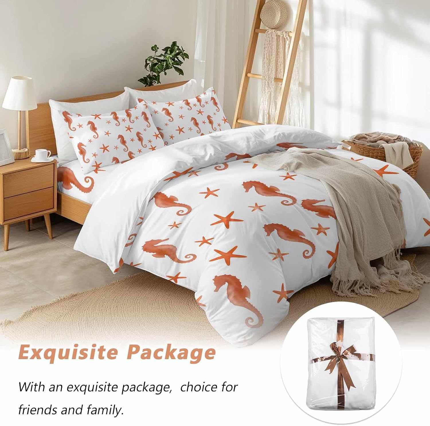 Orange Marine Life Duvet Cover Set Queen Size 4 Pieces Summer Seahorse and Starfish Ocean Theme Bedding Set with Zipper Closure, 1 Comforter Cover 90x92 Inches 1 Flat Sheet & 2 Pillow Cases