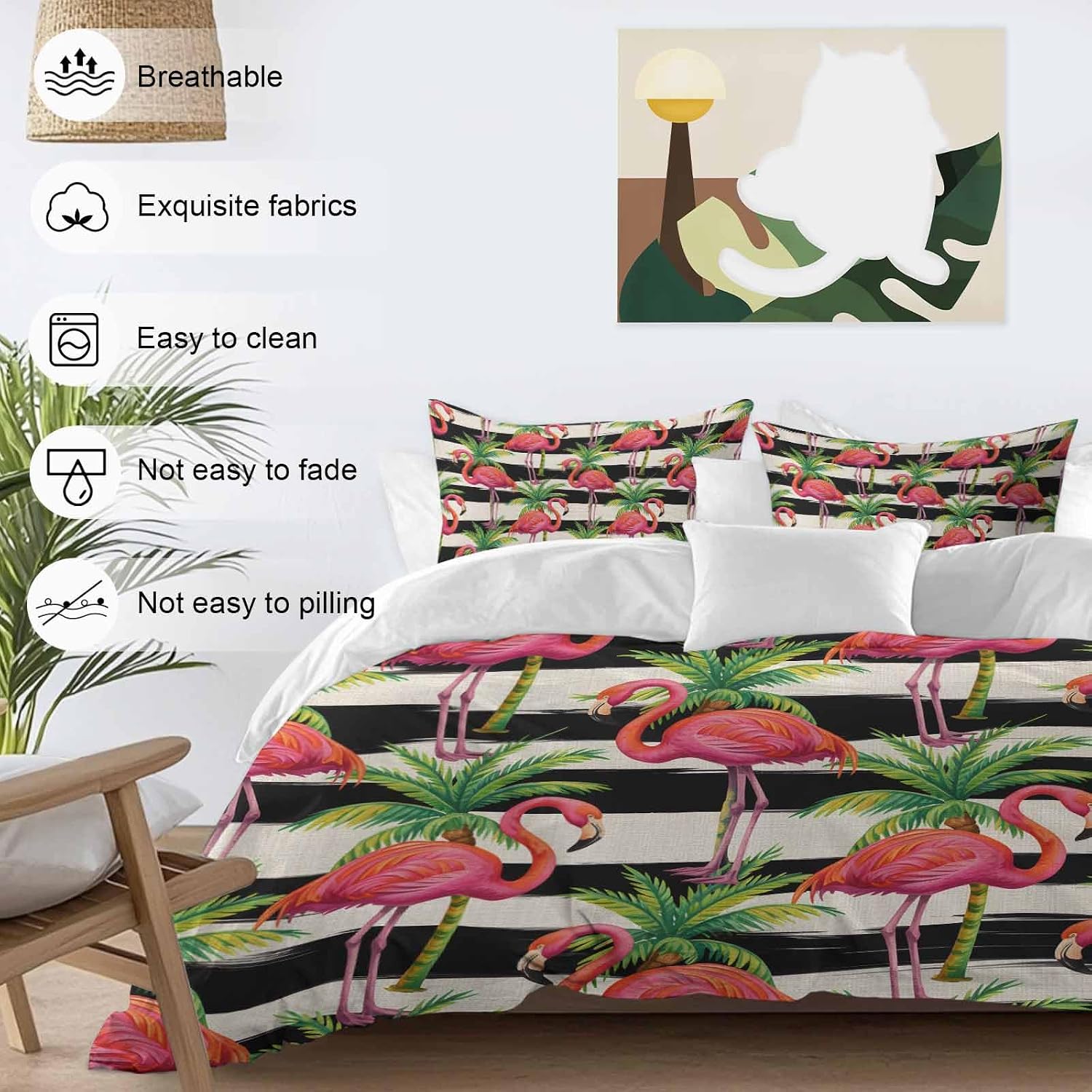 Prime Leader Pink Flamingo Duvet Cover Set Queen Size 4 Pieces Palm Leaf White Black Striped Vintage Bedding Set with Zipper Closure, 1 Comforter Cover 90x92 Inches 1 Flat Sheet & 2 Pillow Cases