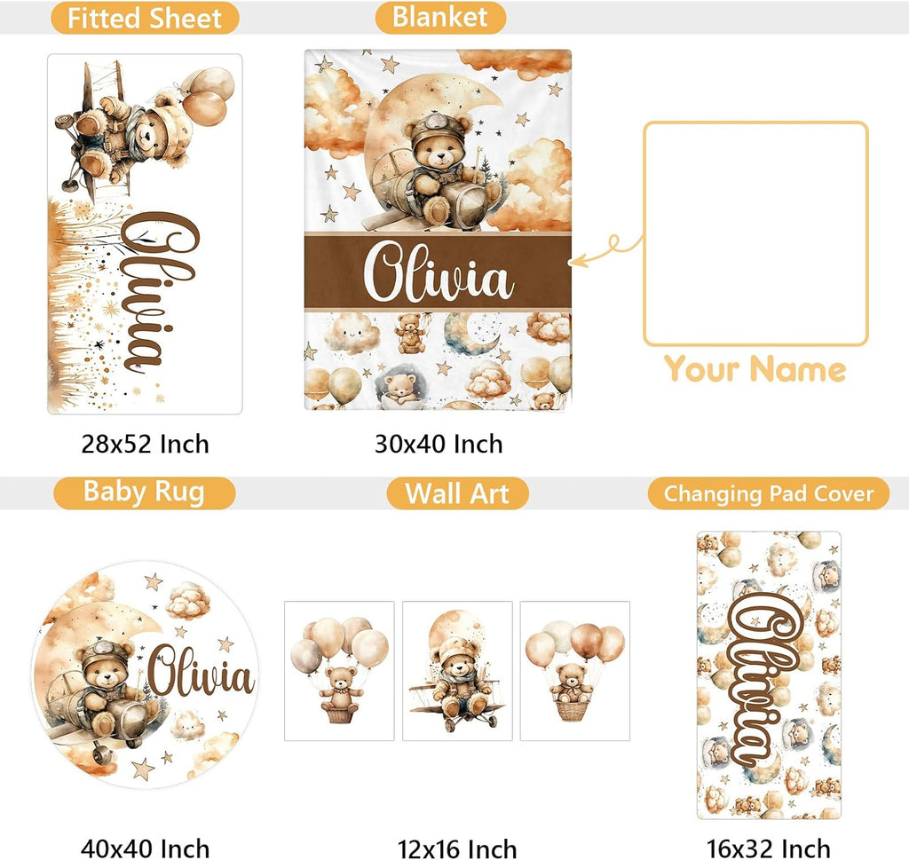Terwex Personalized Toddler Bedding Set, 5 Pcs Custom Name Crib Bedding Set for Boys Girls, Balloon Bear Baby Crib Bedding Set, Double Layer Flannel Baby Crib Set, Customized Gifts for Newborn Infant