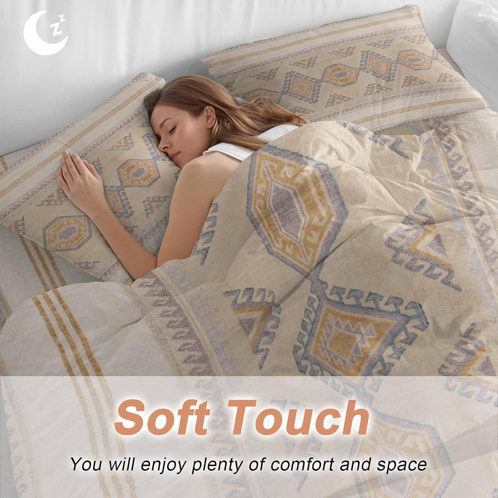 Bohemian Duvet Cover Set Queen Size 4 Pieces Traditional Ethic Pattern Colorful Stripes Geometric Bedding Set with Zipper Closure, 1 Comforter Cover 92x106 Inches 1 Flat Sheet & 2 Pillow Cases