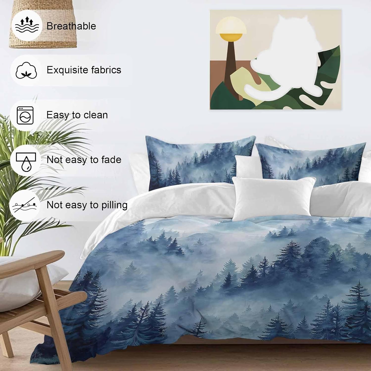 Blue Forest Mountain Duvet Cover Set Queen Size 4 Pieces Retro Watercolor Gradual Foggy Pine Tree Bedding Set with Zipper Closure, 1 Comforter Cover 90x92 Inches 1 Flat Sheet & 2 Pillow Cases