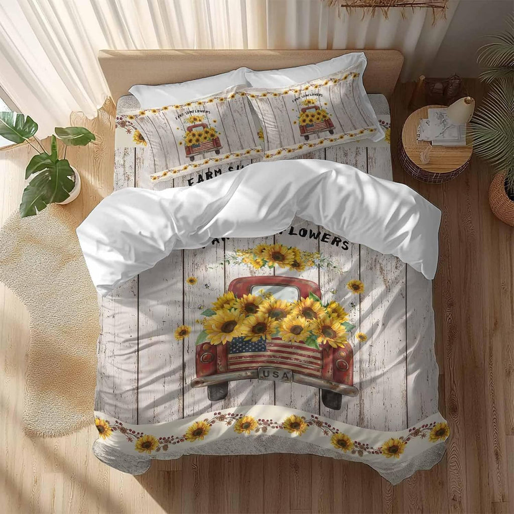 Farm Sunflowers Duvet Cover Set Queen Size 4 Pieces Summer Floral Truck Leaves Fruit Wood Grain Bedding Set with Zipper Closure, 1 Comforter Cover 86x86 Inches 1 Flat Sheet & 2 Pillow Cases
