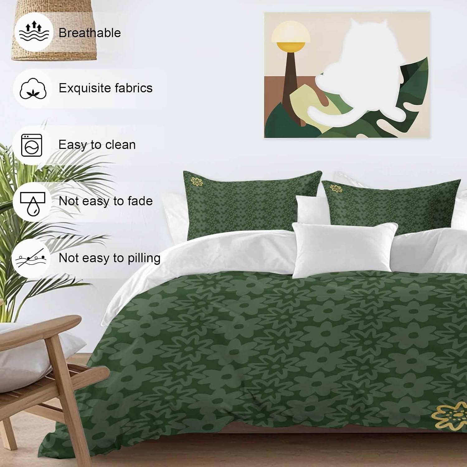Prime Leader Flowers Duvet Cover Set Queen Size 4 Pieces Spring Green Yellow Daisy Floral Green Bedding Set with Zipper Closure, 1 Comforter Cover 92x106 Inches 1 Flat Sheet & 2 Pillow Cases