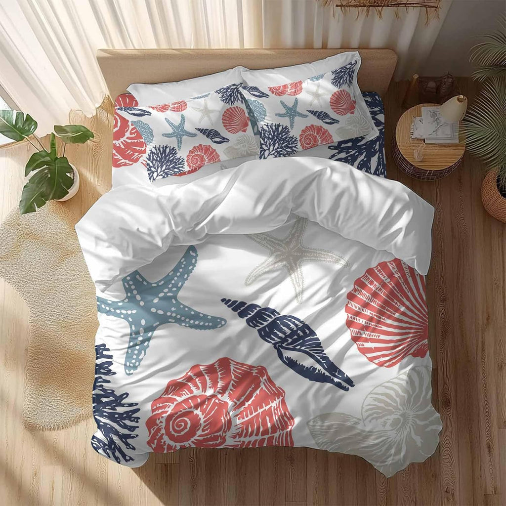 Summer Marine Life Duvet Cover Set Queen Size 4 Pieces Graffiti Red Corals Shell Conch Blue Starfish Bedding Set with Zipper Closure, 1 Comforter Cover 90x92 Inches 1 Flat Sheet & 2 Pillow Cases