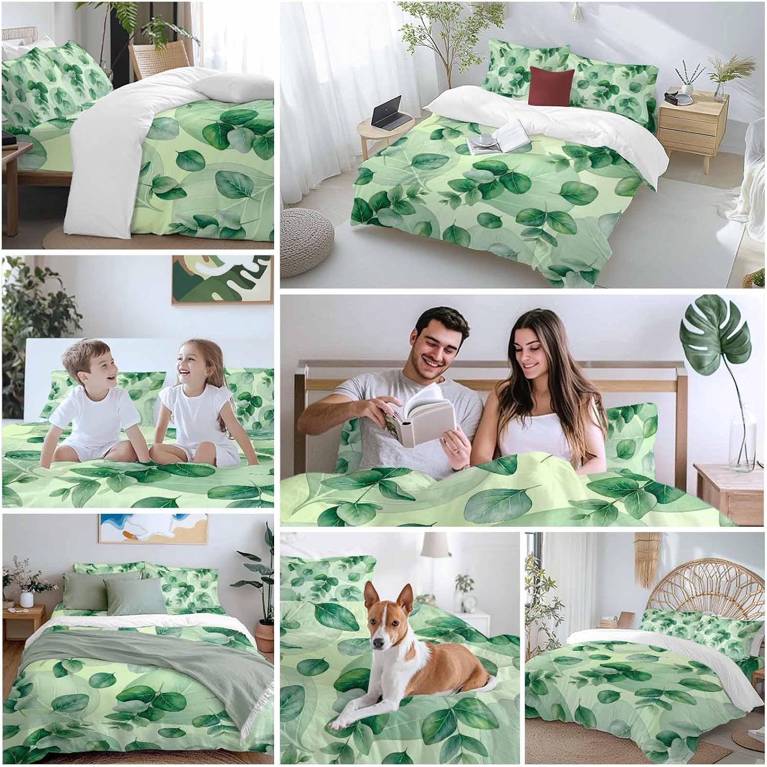 Green Leaf Duvet Cover Set Queen Size 4 Pieces Summer Green Eucalyptus Leaves Plants Farmhouse Bedding Set with Zipper Closure, 1 Comforter Cover 86x86 Inches 1 Flat Sheet & 2 Pillow Cases