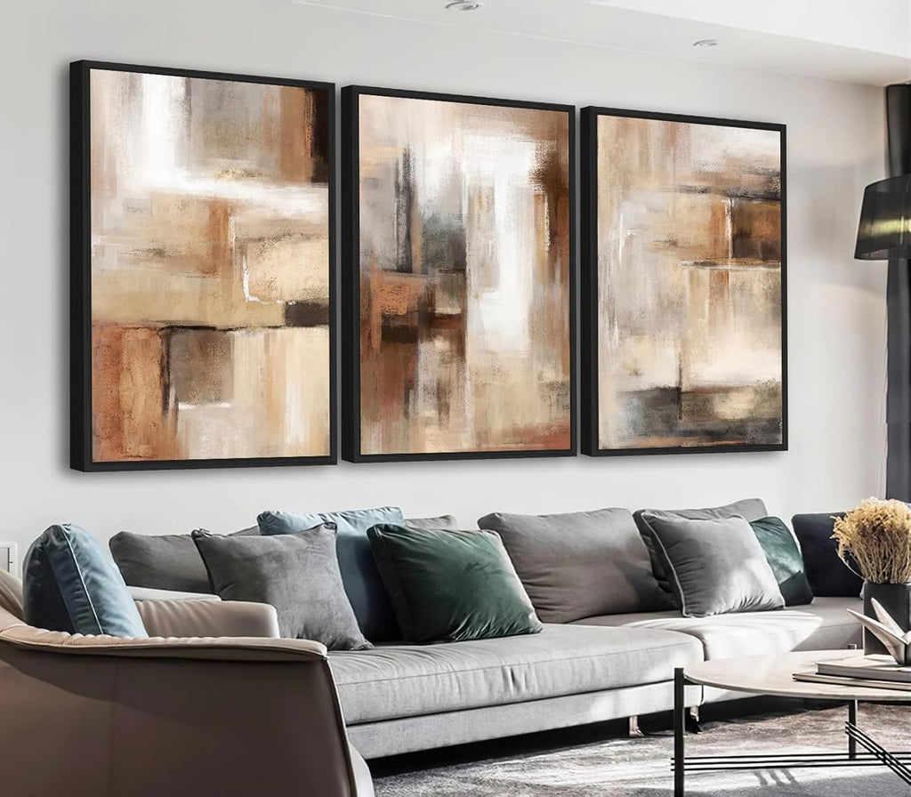 ASDCEUTICALS Large Canvas Wall Art - Brown and Beige Abstract Pictures for Living Room Vintage Wall Decor Retro Rustic Paintings Black Float Framed for Bedroom Dinning Room 20' X 28' X 3 pcs