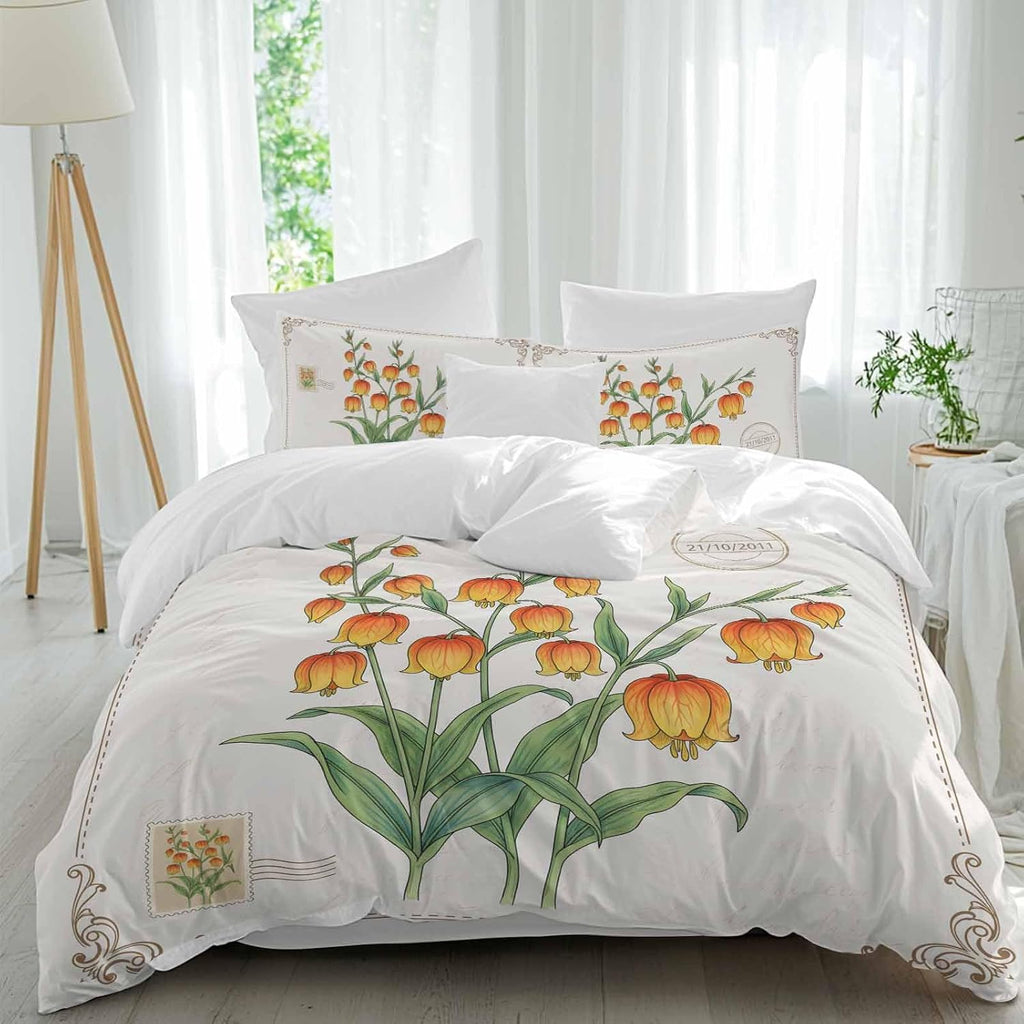 Orange Floral Duvet Cover Set Queen Size 4 Pieces Country Pastoral Watercolor Flowers Green Leaf Bedding Set with Zipper Closure, 1 Comforter Cover 90x92 Inches 1 Flat Sheet & 2 Pillow Cases