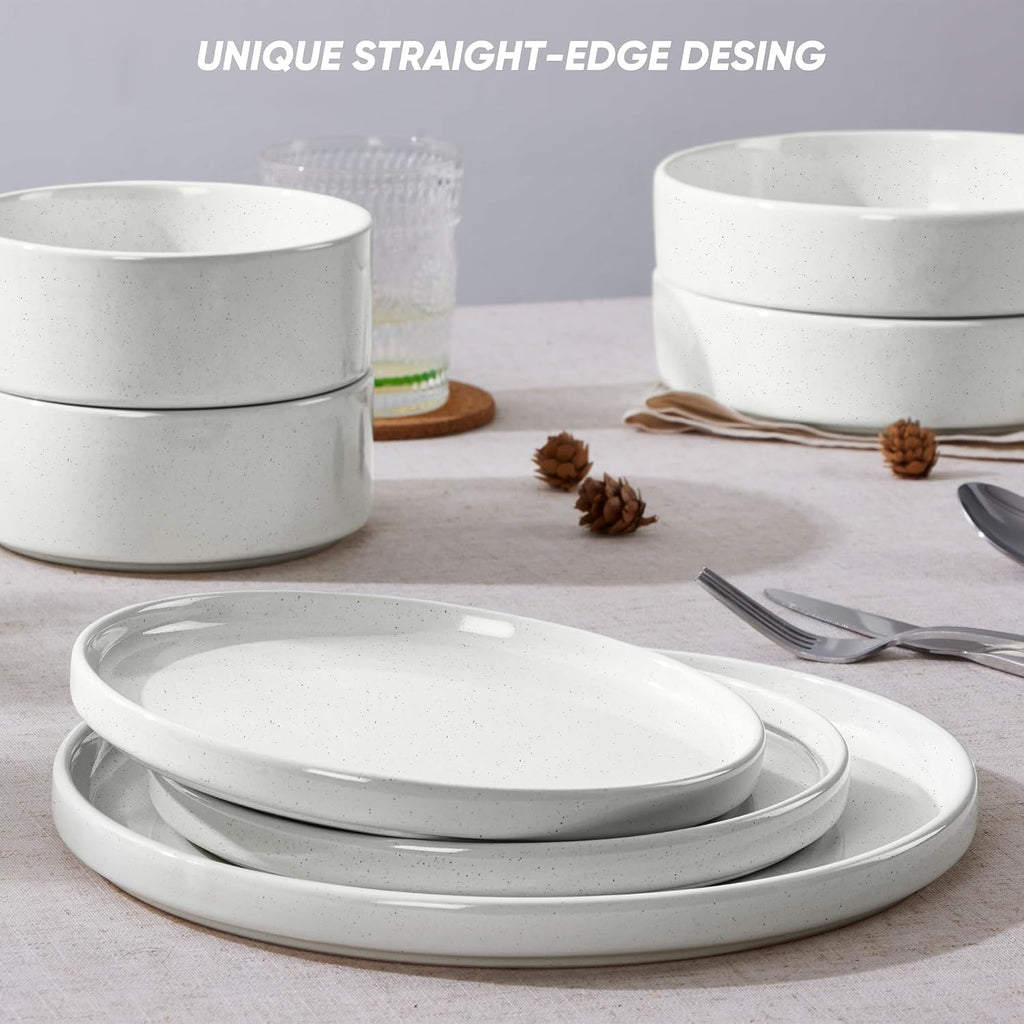 E-far Dinnerware Sets with Pasta Bowls, 24-Piece Stoneware Plates and Bowls Sets for 6 | Microwave & Dishwasher Safe Kitchen Modern Dish Set, Speckled White