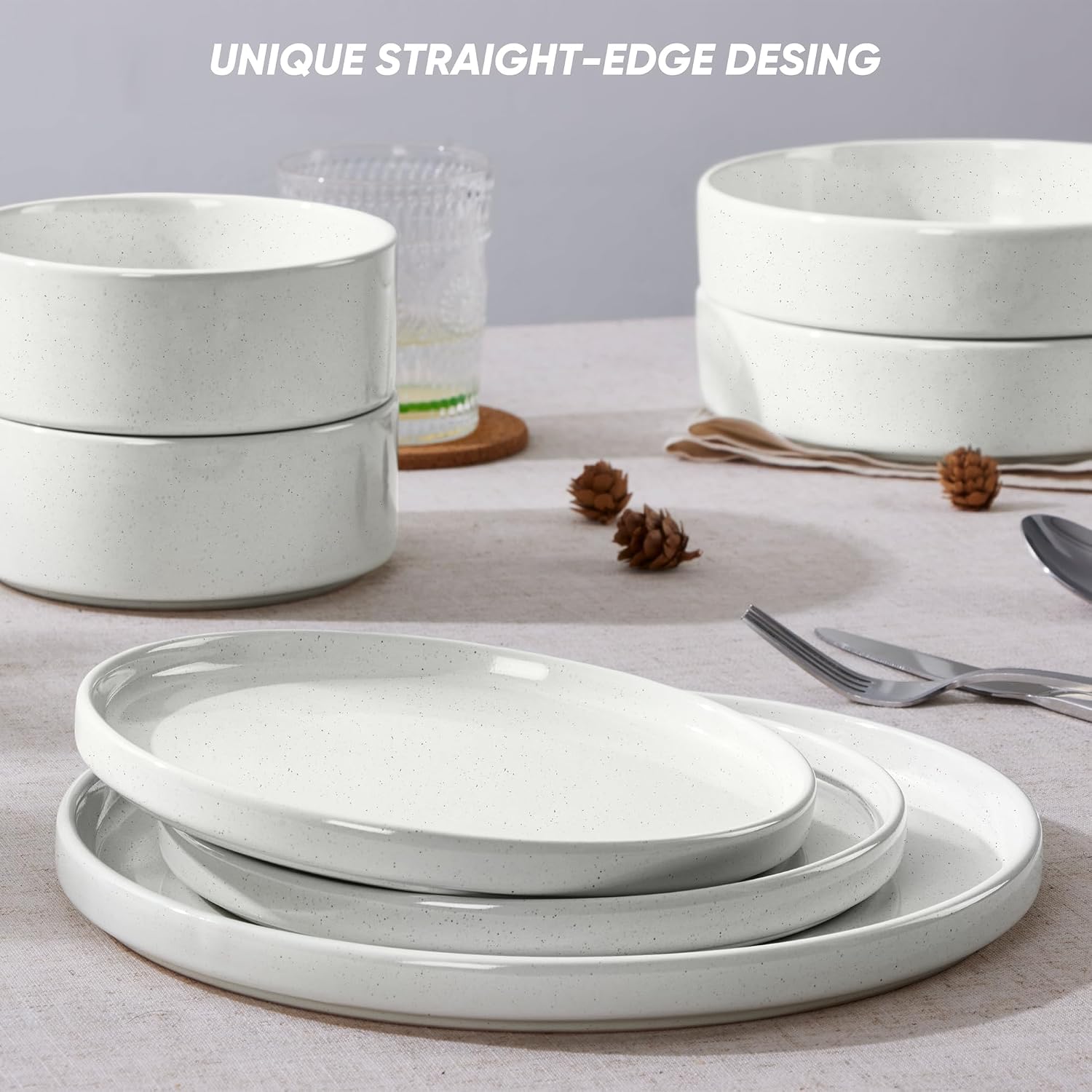 E-far Dinnerware Sets with Pasta Bowls, 24-Piece Stoneware Plates and Bowls Sets for 6 | Microwave & Dishwasher Safe Kitchen Modern Dish Set, Speckled White