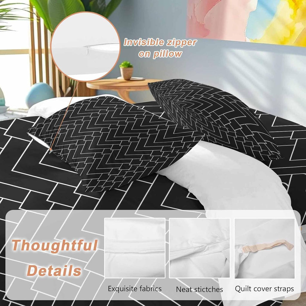 Prime Leader Abstract Line Duvet Cover Set Queen Size 4 Pieces Herringbone Black White Modern Simple Bedding Set with Zipper Closure, 1 Comforter Cover 90x92 Inches 1 Flat Sheet & 2 Pillow Cases