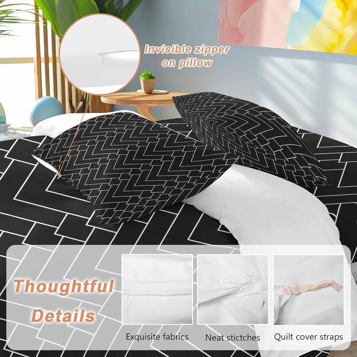 Prime Leader Abstract Line Duvet Cover Set Queen Size 4 Pieces Herringbone Black White Modern Simple Bedding Set with Zipper Closure, 1 Comforter Cover 90x92 Inches 1 Flat Sheet & 2 Pillow Cases