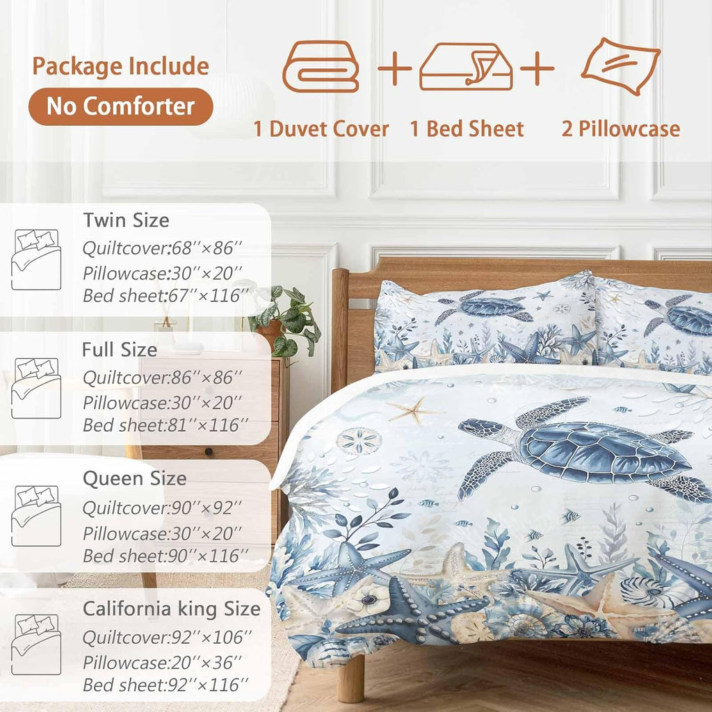 Prime Leader Ocean Turtles Duvet Cover Set Queen Size 4 Pieces Blue Yellow Sea Star Shell Coral Blue Bedding Set with Zipper Closure, 1 Comforter Cover 86x86 Inches 1 Flat Sheet & 2 Pillow Cases