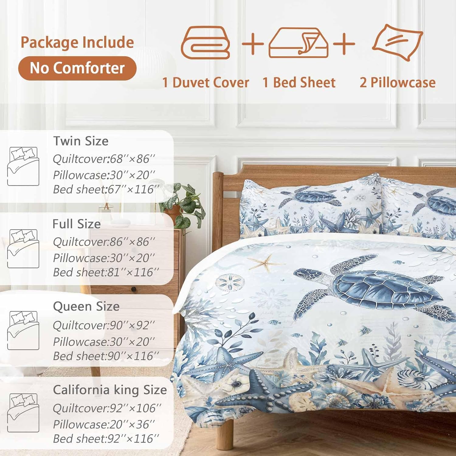 Prime Leader Ocean Turtles Duvet Cover Set Queen Size 4 Pieces Blue Yellow Sea Star Shell Coral Blue Bedding Set with Zipper Closure, 1 Comforter Cover 86x86 Inches 1 Flat Sheet & 2 Pillow Cases