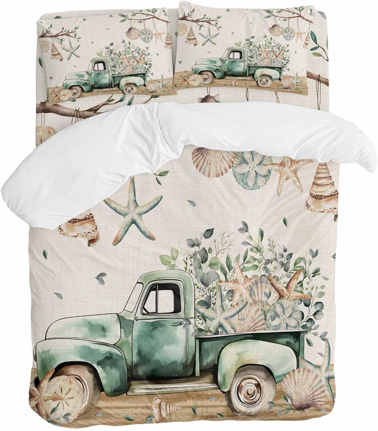 Prime Leader Sage Green Truck Duvet Cover Set Queen Size 4 Pieces Ocean Starfish Shell Summer Leaf Wood Bedding Set with Zipper Closure, 1 Comforter Cover 90x92 Inches 1 Flat Sheet & 2 Pillow Cases