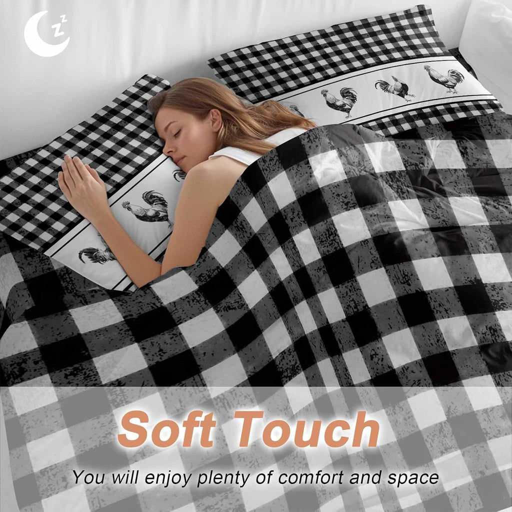 Prime Leader Vintage Black Plaid Duvet Cover Set Queen Size 4 Pieces Farm Cock Chicken Animal Watercolor Bedding Set with Zipper Closure, 1 Comforter Cover 90x92 Inches 1 Flat Sheet & 2 Pillow Cases