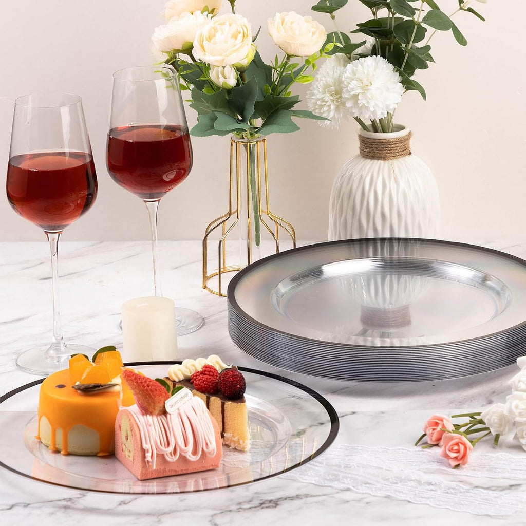 Goodluck 12 Inch Disposable Charger Plates Plastic, 100 Pack Plastic Clear Charger with Black Rim for Dinner, Wedding, Party