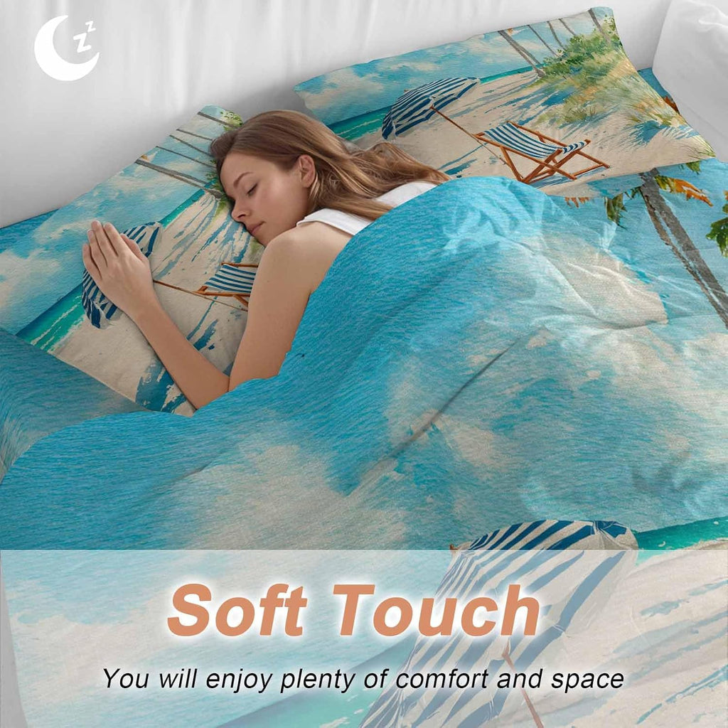 Summer Beach Duvet Cover Set Queen Size 4 Pieces Vintage Sunshade Lounge Chair Coastal Blue Striped Bedding Set with Zipper Closure, 1 Comforter Cover 86x86 Inches 1 Flat Sheet & 2 Pillow Cases