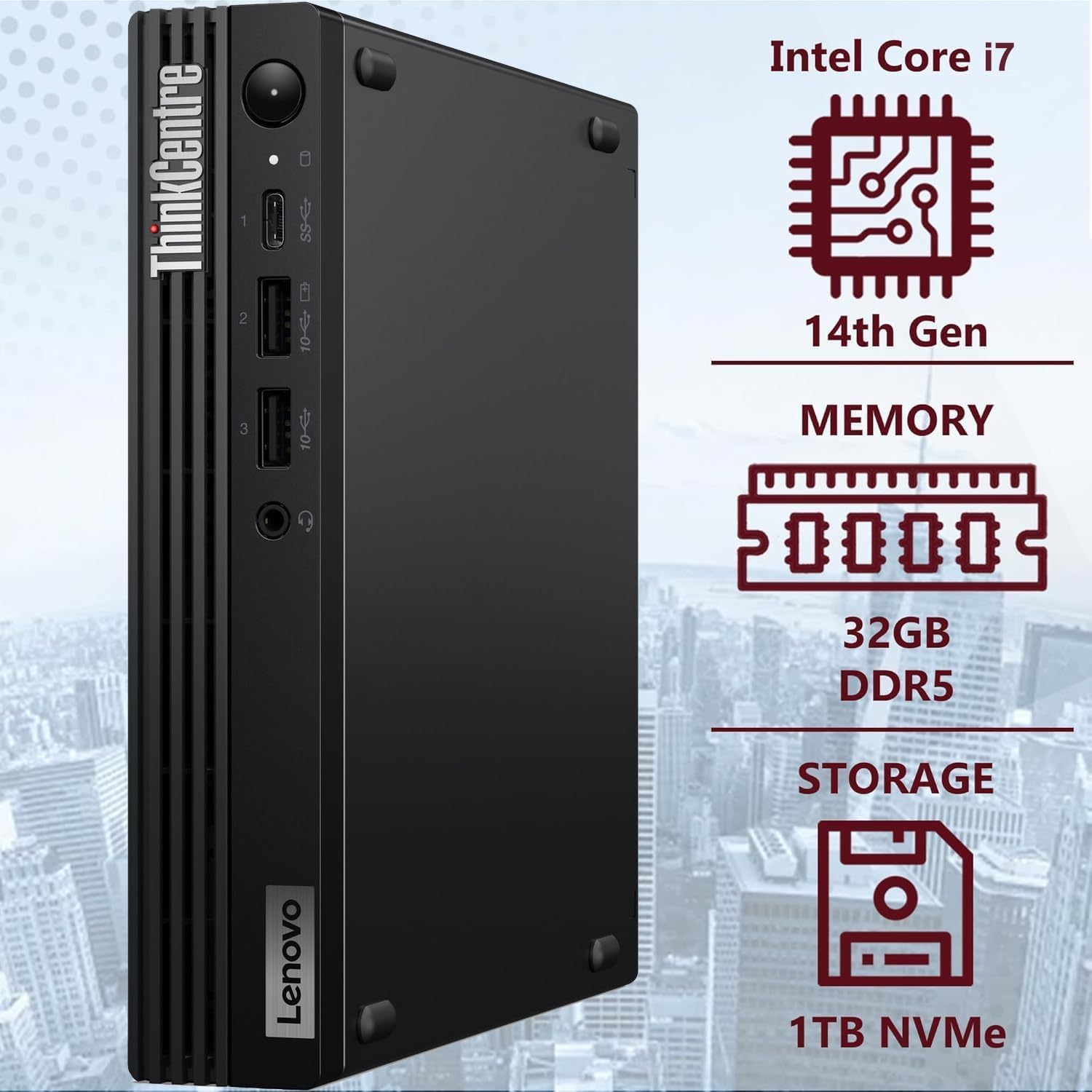 Lenovo ThinkCentre M70q Gen 5 Tiny Business Desktop (Intel 20-Core i7-14700T, 32GB DDR5 RAM, 1TB SSD, UHD Graphics 770) MFF, Mini PC, DisplayPort, Ethernet, HDMI, 3-Yr WRT, Wi-Fi 6E, Win 11 Pro