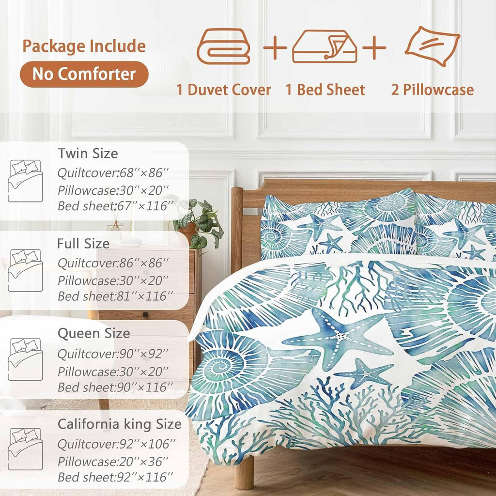 Summer Nautical Duvet Cover Set Queen Size 4 Pieces Blue Seashells Starfish Conch Coral Ocean Bedding Set with Zipper Closure, 1 Comforter Cover 90x92 Inches 1 Flat Sheet & 2 Pillow Cases