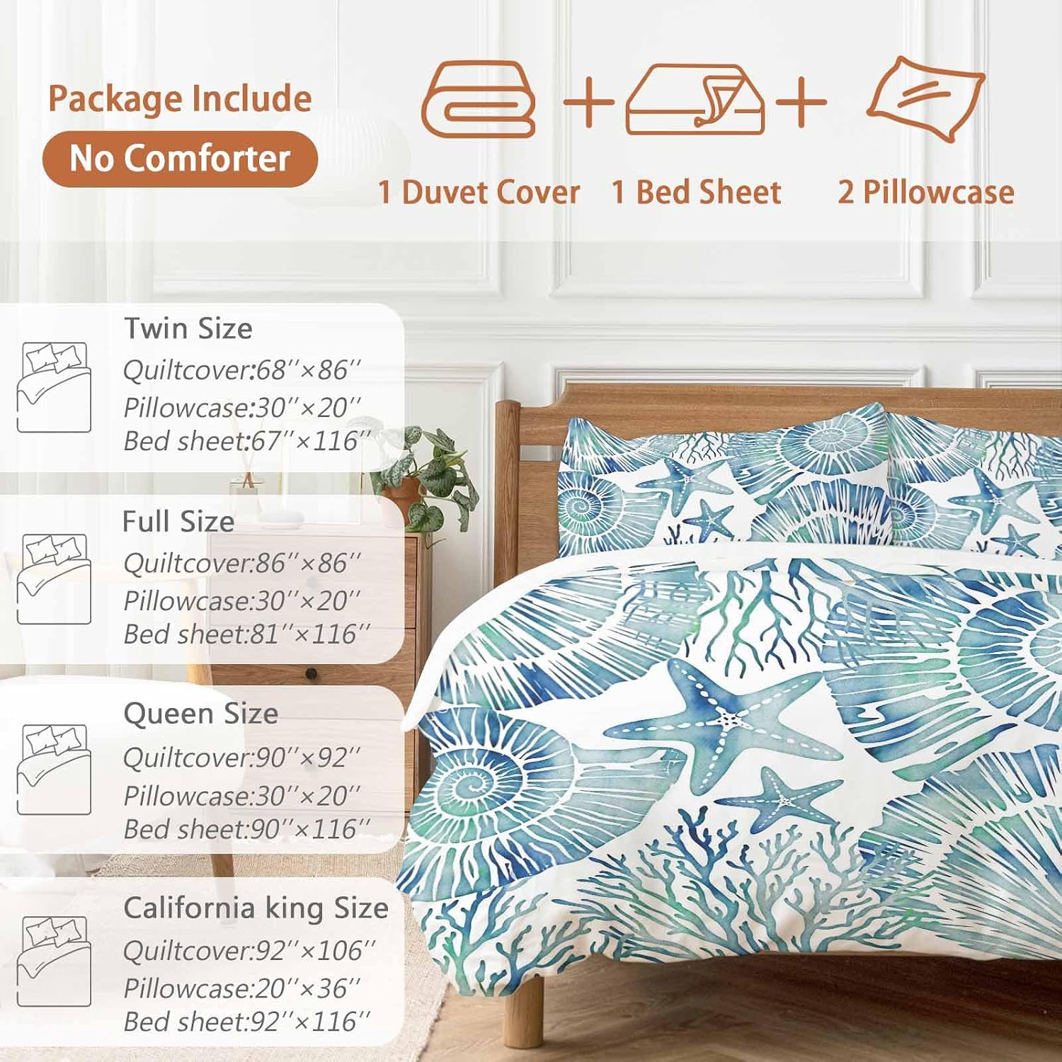 Summer Nautical Duvet Cover Set Queen Size 4 Pieces Blue Seashells Starfish Conch Coral Ocean Bedding Set with Zipper Closure, 1 Comforter Cover 90x92 Inches 1 Flat Sheet & 2 Pillow Cases