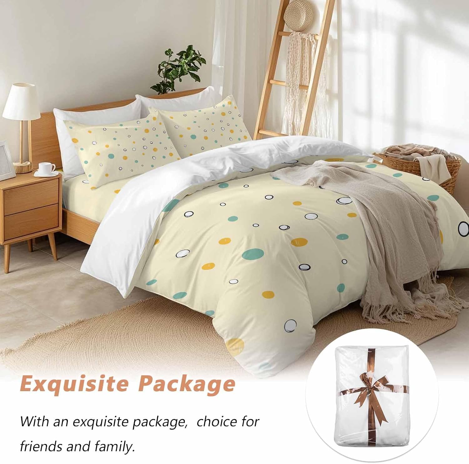 Polka Dot Duvet Cover Set Queen Size 4 Pieces Green Yellow Polka Dot Warm Yellow Cute Summer Bedding Set with Zipper Closure, 1 Comforter Cover 92x106 Inches 1 Flat Sheet & 2 Pillow Cases