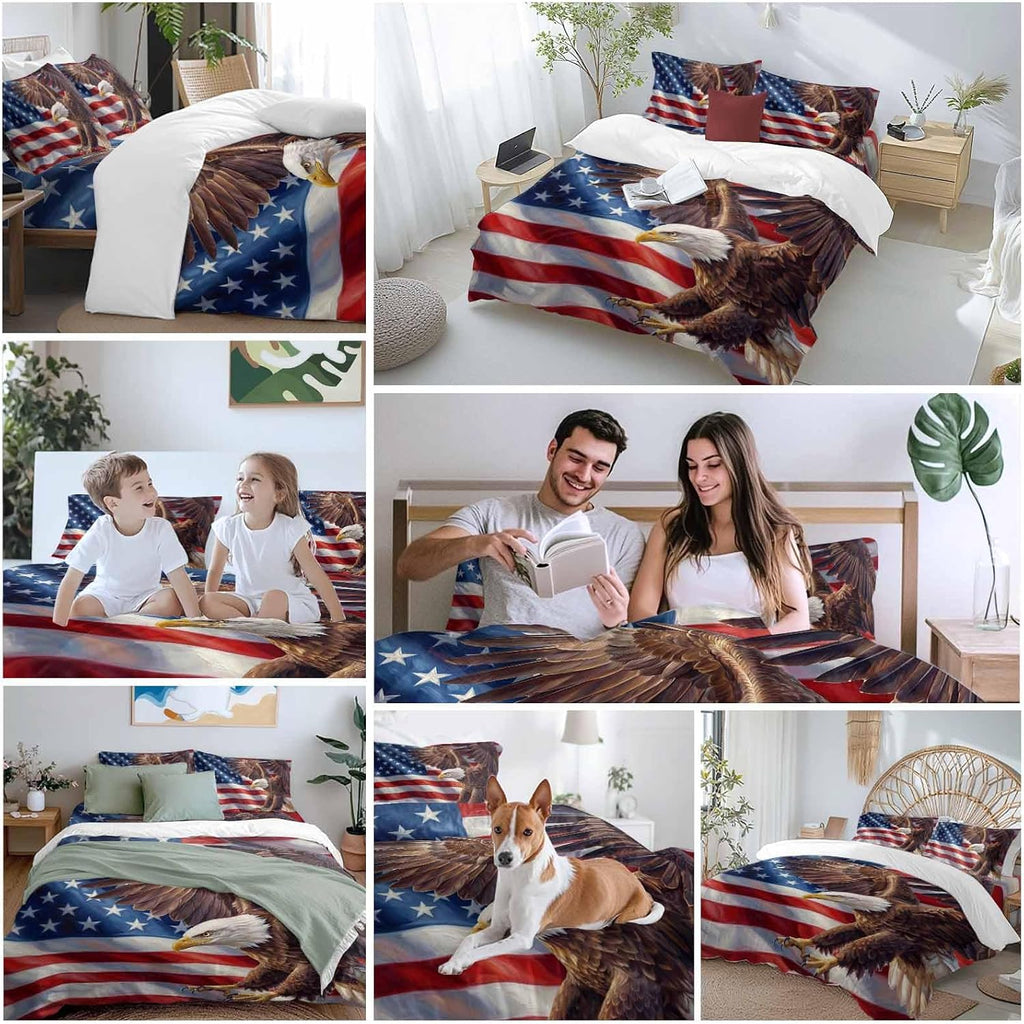 Independence Day Duvet Cover Set Queen Size 4 Pieces Watercolor U. S. Flag Soaring Bald Eagle Bedding Set with Zipper Closure, 1 Comforter Cover 90x92 Inches 1 Flat Sheet & 2 Pillow Cases