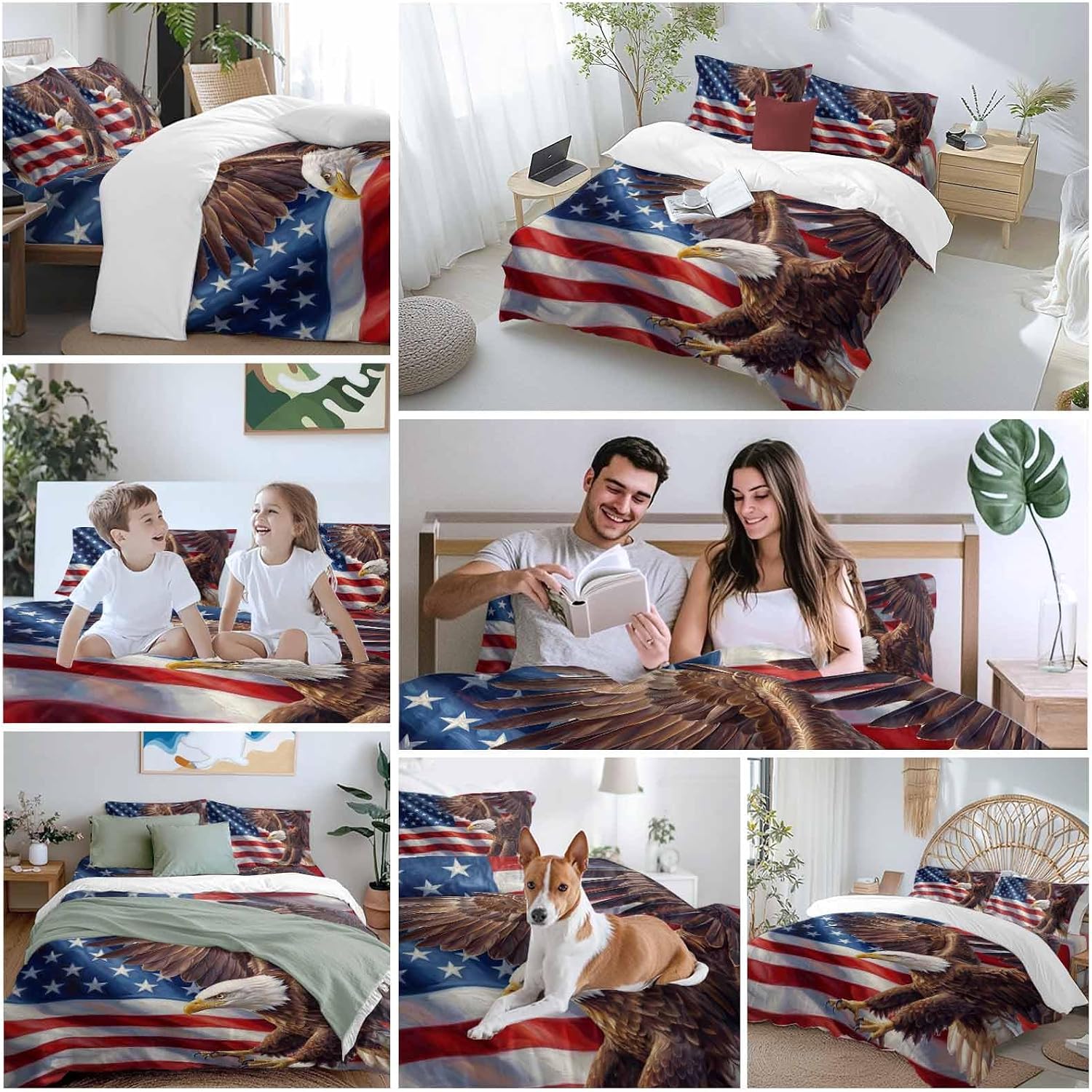 Independence Day Duvet Cover Set Queen Size 4 Pieces Watercolor U. S. Flag Soaring Bald Eagle Bedding Set with Zipper Closure, 1 Comforter Cover 90x92 Inches 1 Flat Sheet & 2 Pillow Cases