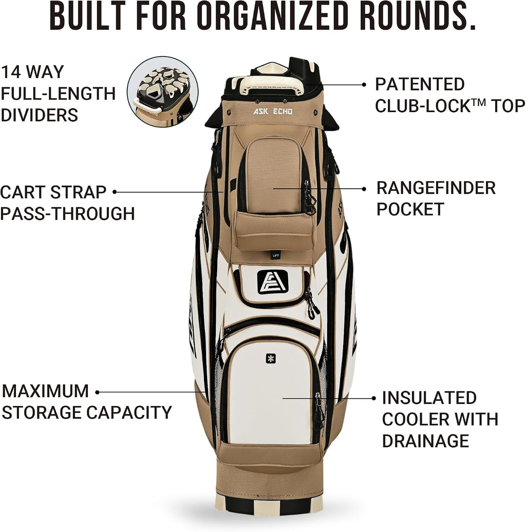 ASK ECHO T-Lock Golf Cart Bag with 14 Way Organizer Divider Top, Premium Cart Bag with Handles and Rain Cover, for Men