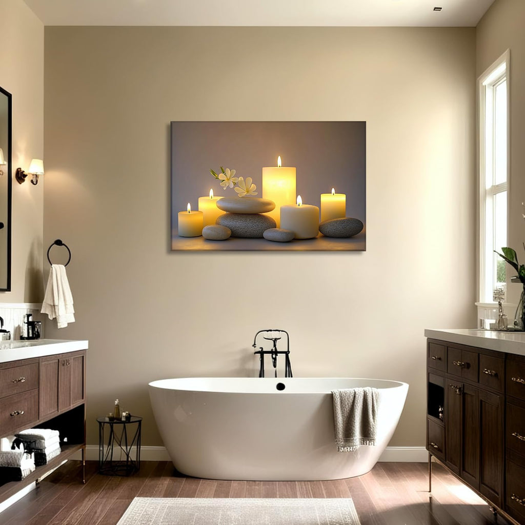 Large Zen Canvas Wall Art SPA Stones with Candle Picture Bathroom Decor Framed Black Posters Still Life Painting Meditation Spiritual Prints for Walls Ready to Hang - 28.00'x42.00'