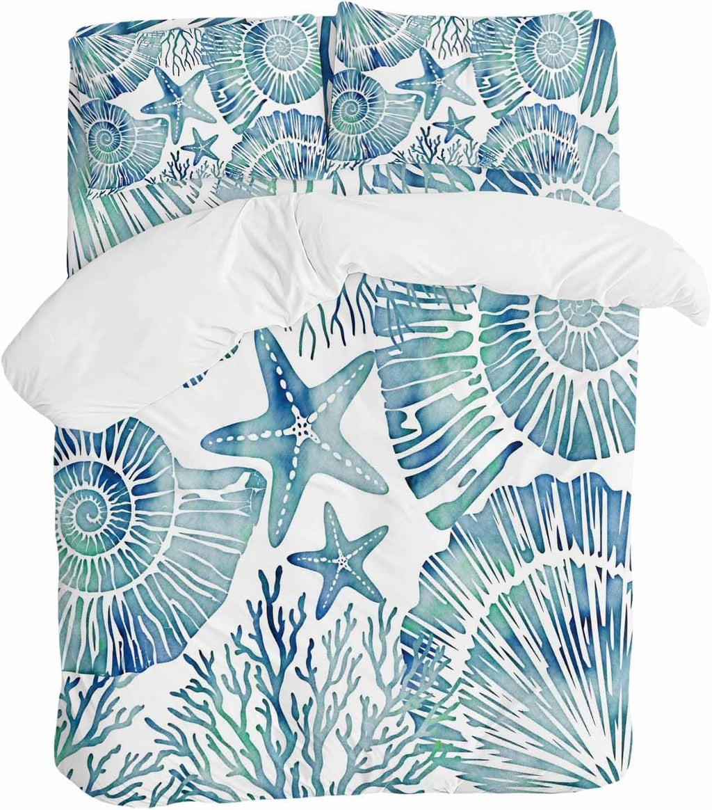 Summer Nautical Duvet Cover Set Queen Size 4 Pieces Blue Seashells Starfish Conch Coral Ocean Bedding Set with Zipper Closure, 1 Comforter Cover 86x86 Inches 1 Flat Sheet & 2 Pillow Cases