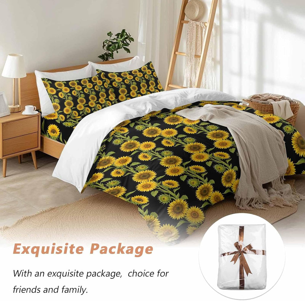 Prime Leader Retro Sunflowers Duvet Cover Set Queen Size 4 Pieces Summer Yellow Floral Black Background Bedding Set with Zipper Closure, 1 Comforter Cover 86x86 Inches 1 Flat Sheet & 2 Pillow Cases