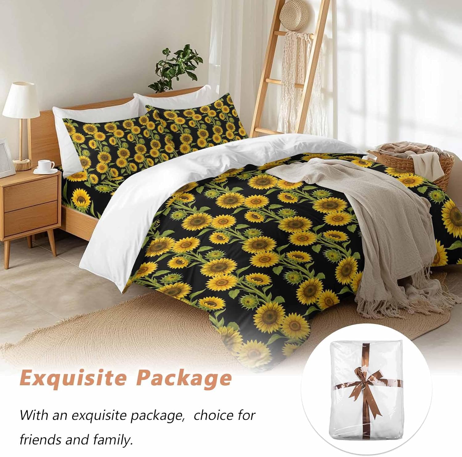 Prime Leader Retro Sunflowers Duvet Cover Set Queen Size 4 Pieces Summer Yellow Floral Black Background Bedding Set with Zipper Closure, 1 Comforter Cover 86x86 Inches 1 Flat Sheet & 2 Pillow Cases