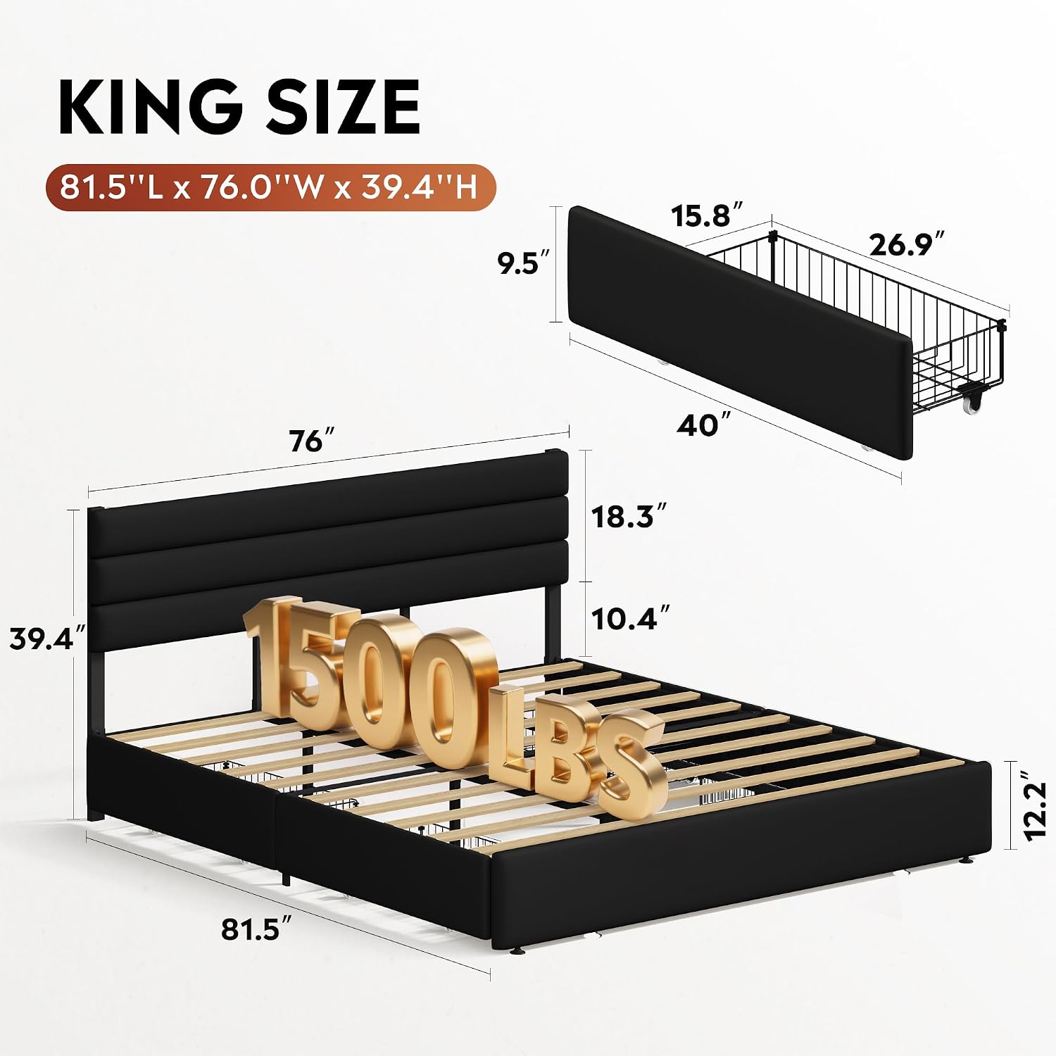 WLIVE King Size Upholstered Bed Frame with 4 Storage Drawers and Headboard, Velvet Platform Bedframe, Sturdy Metal & Wooden Slats Support, No Box Spring Needed, Easy Assembly, Black