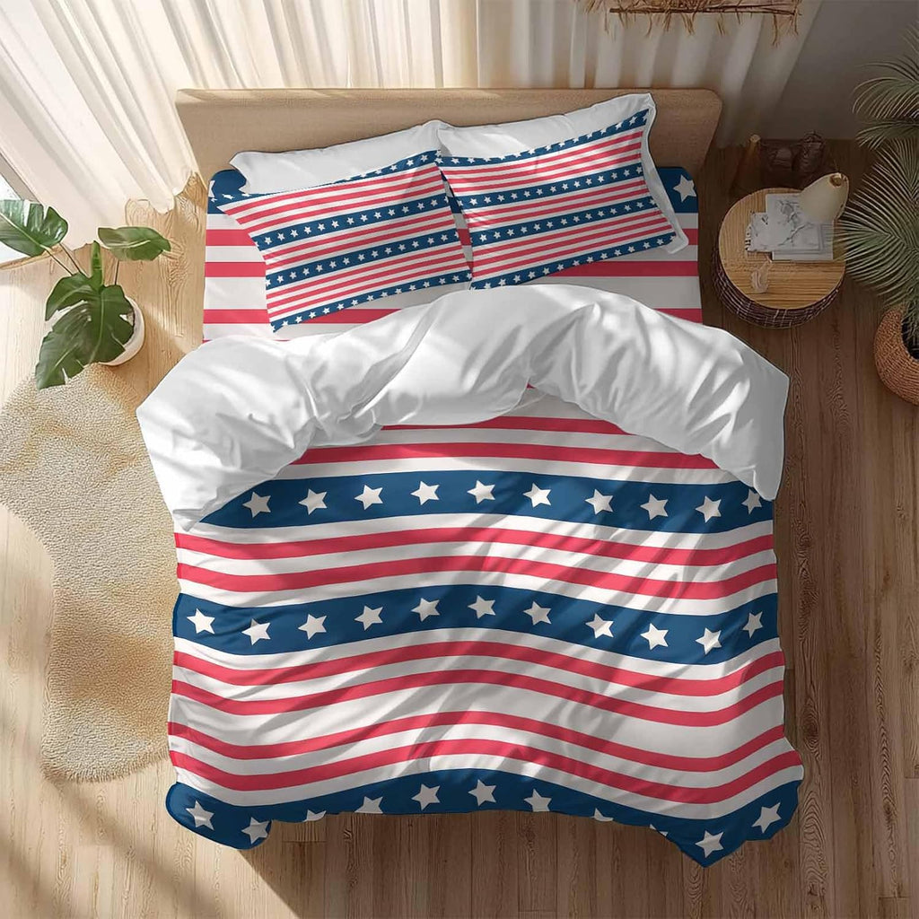 Prime Leader Independence Day Duvet Cover Set Queen Size 4 Pieces Watercolor Red White Blue Stripes White Bedding Set with Zipper Closure, 1 Comforter Cover 90x92 Inches 1 Flat Sheet & 2 Pillow Cases