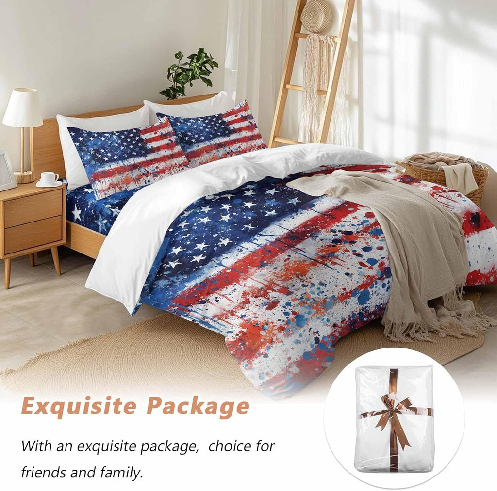 Independence Day Duvet Cover Set Queen Size 4 Pieces Mottled Red Blue White Stars Painted Flag Bedding Set with Zipper Closure, 1 Comforter Cover 90x92 Inches 1 Flat Sheet & 2 Pillow Cases