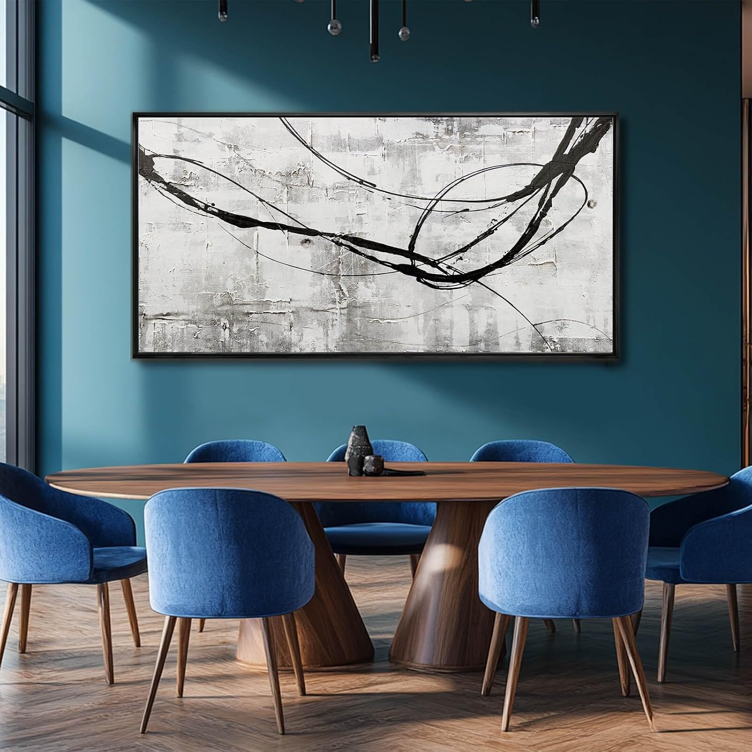 Abstract Framed Wall Art for Living Room White Pictures Canvas Black Arts Wall Decor Poster Prints Artwork for Hotel Gallery 24'x48'