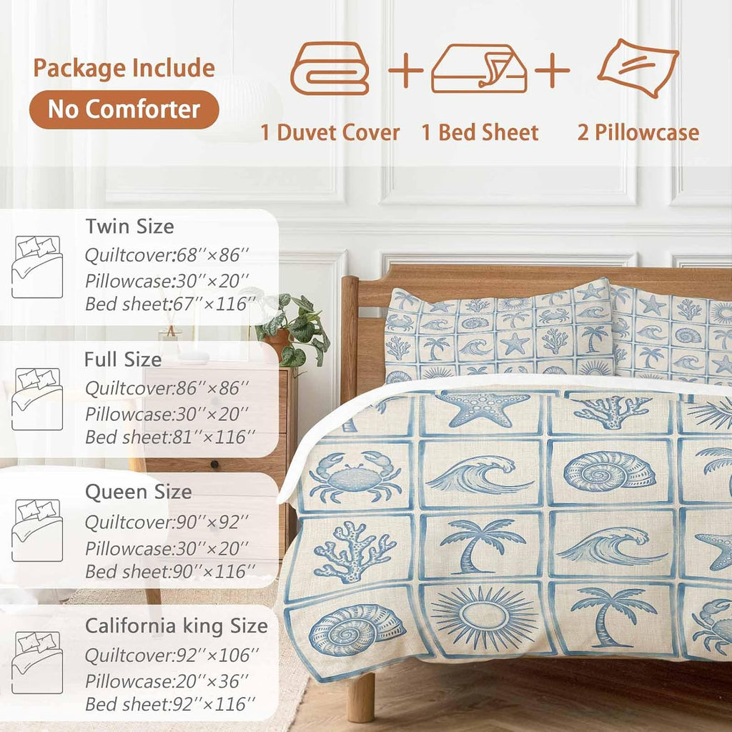 Prime Leader Summer Coastal Duvet Cover Set Queen Size 4 Pieces Retro Ocean Waves Shell Crab Coconut Tree Bedding Set with Zipper Closure, 1 Comforter Cover 90x92 Inches 1 Flat Sheet & 2 Pillow Cases