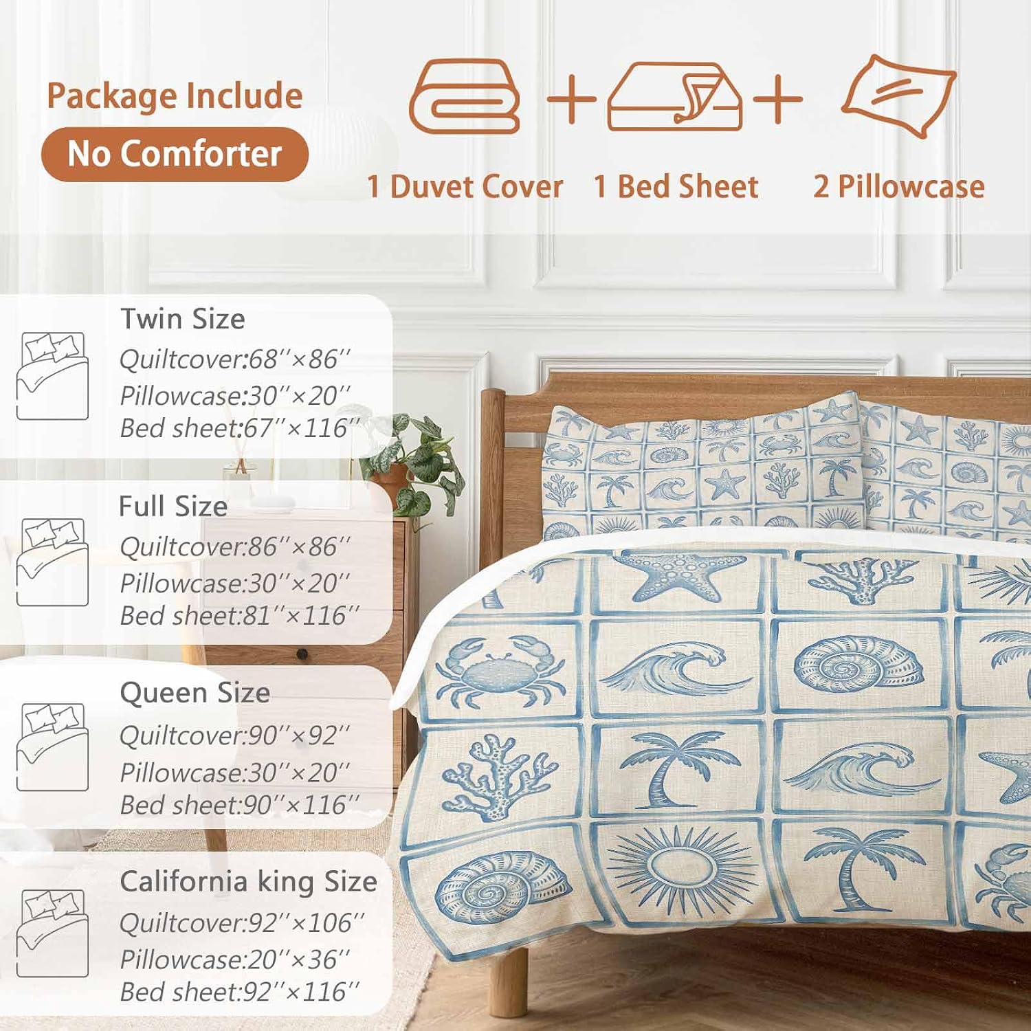 Prime Leader Summer Coastal Duvet Cover Set Queen Size 4 Pieces Retro Ocean Waves Shell Crab Coconut Tree Bedding Set with Zipper Closure, 1 Comforter Cover 90x92 Inches 1 Flat Sheet & 2 Pillow Cases