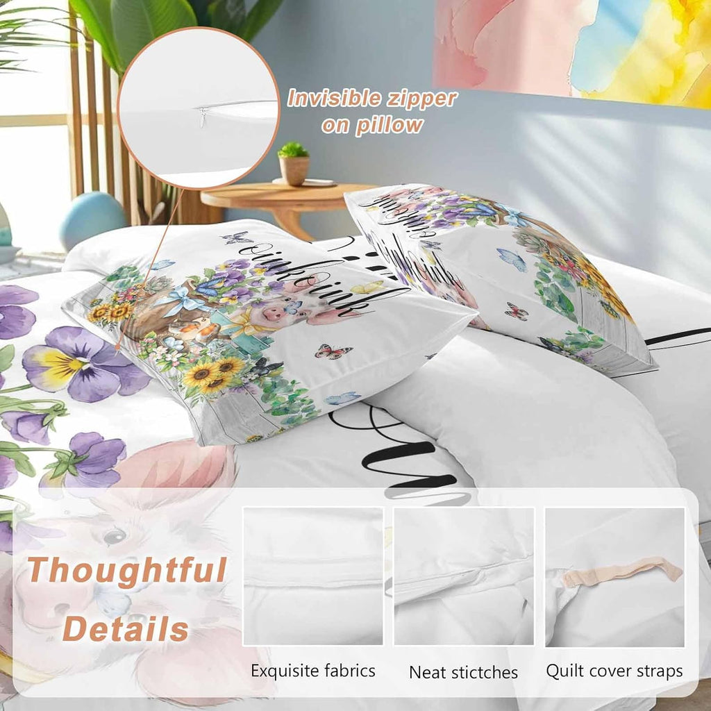 Prime Leader Floral Animals Duvet Cover Set Queen Size 4 Pieces Retro Flowers Fence Pig Birds Butterfly Bedding Set with Zipper Closure, 1 Comforter Cover 90x92 Inches 1 Flat Sheet & 2 Pillow Cases