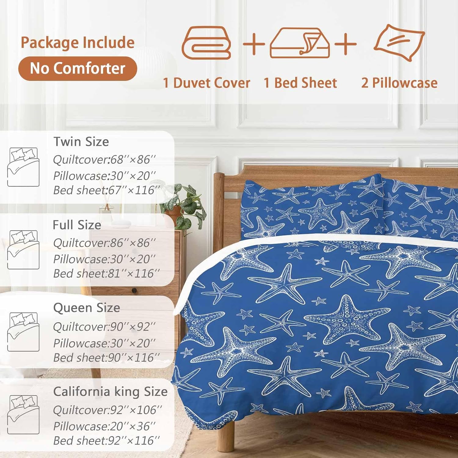 Summer Beach Blue Starfish Duvet Cover Set Queen Size 4 Pieces Modern Nautical Coastal Ocean Marine Life Bedding Set with Zipper Closure, 1 Comforter Cover 86x86 Inches 1 Flat Sheet & 2 Pillow Cases