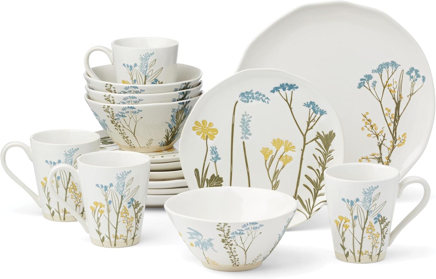 Lenox Dinnerware Sets, Wildflowers 16-Piece Dinnerware Set, Service For 4, Stoneware Material, Dishwasher Safe, Microwave Safe, Bowls, Plates And Bowls, Dinner Dishes, Includes Mugs (White, 16 Piece)