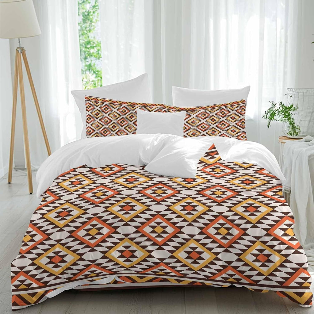 Native Striped Duvet Cover Set Queen Size 4 Pieces Yellow Orange Tribe Geometric Abstract Ethnic Plaid Bedding Set with Zipper Closure, 1 Comforter Cover 92x106 Inches 1 Flat Sheet & 2 Pillow Cases