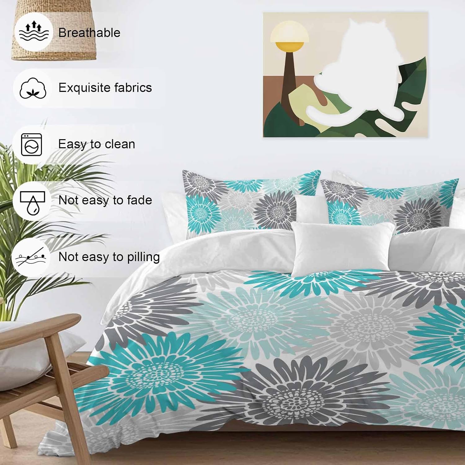 Turquoise Gray Sunflowers Duvet Cover Set Queen Size 4 Pieces Abstract Blooming Floral Rustic Bedding Set with Zipper Closure, 1 Comforter Cover 86x86 Inches 1 Flat Sheet & 2 Pillow Cases