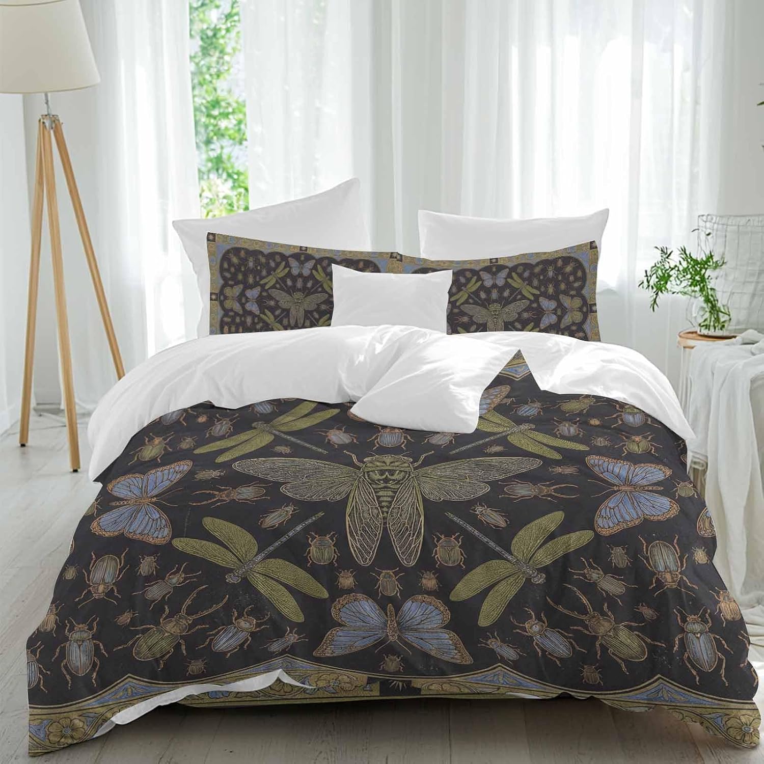 Retro Animal Duvet Cover Set Queen Size 4 Pieces Gold Dragonfly Butterfly Geometric Floral Black Bedding Set with Zipper Closure, 1 Comforter Cover 90x92 Inches 1 Flat Sheet & 2 Pillow Cases