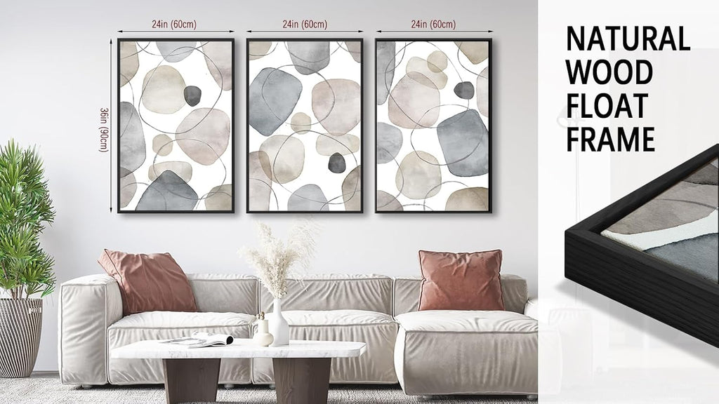 Large Abstract Canvas Wall Art - Geometric Framed Wall Decor Modern Circles and Lines Paintings Light Colors Minimalist Pictures for Living Room Bedroom Office Bathroom 24' X 36' X 3 Panels