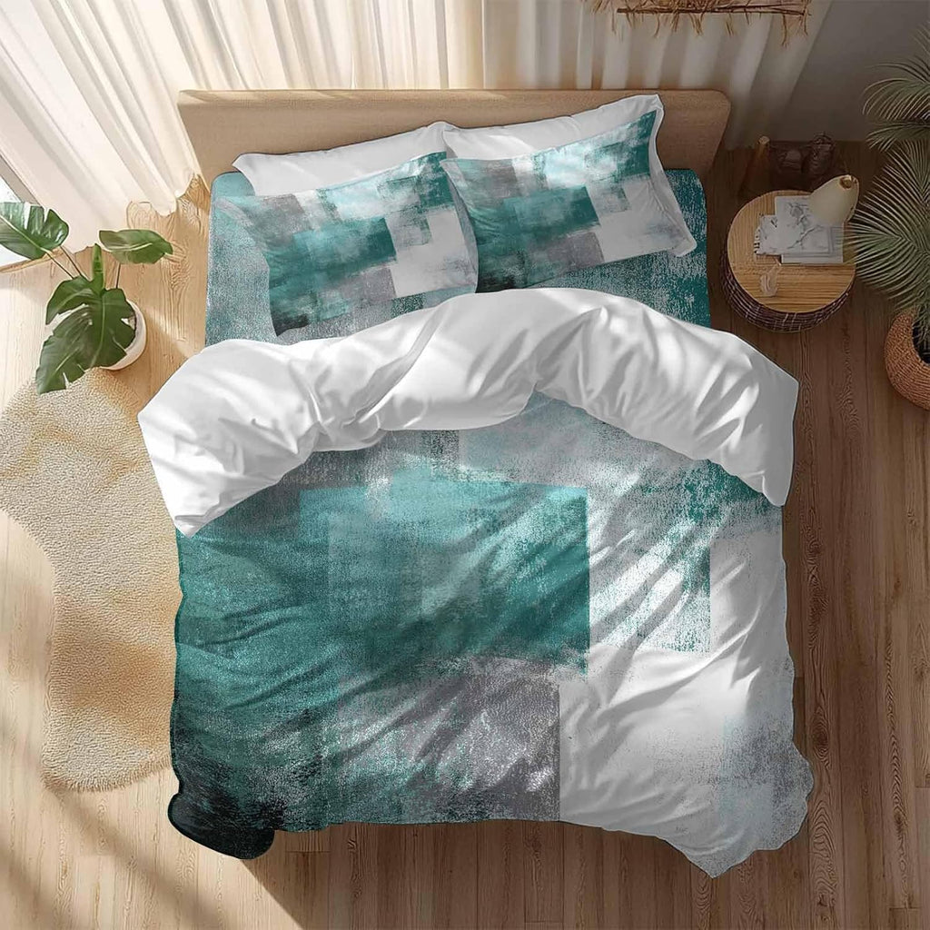 Abstract Art Duvet Cover Set Queen Size 4 Pieces Gradient Turquoise Vintage Minimalist Style Bedding Set with Zipper Closure, 1 Comforter Cover 92x106 Inches 1 Flat Sheet & 2 Pillow Cases