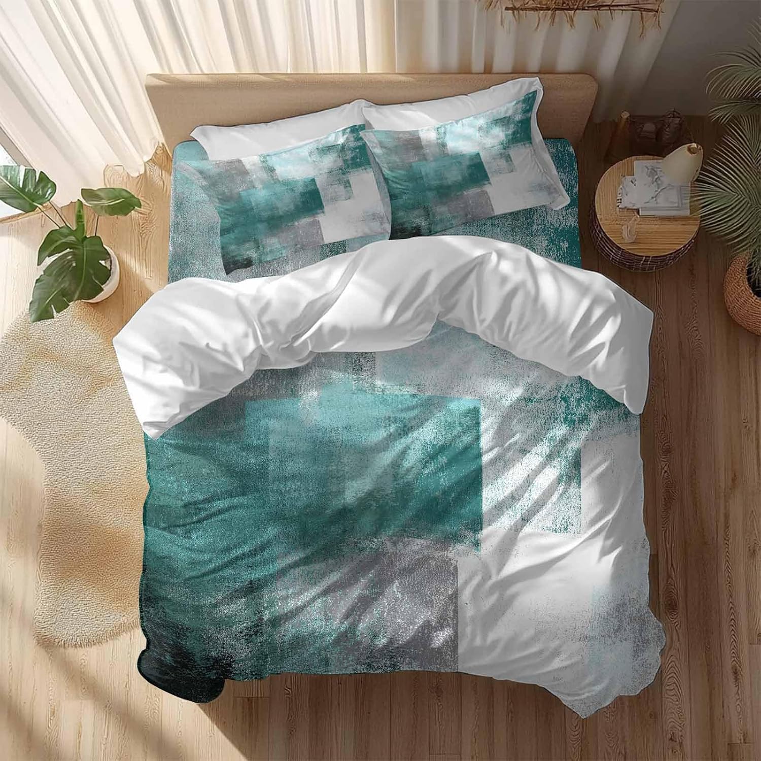 Prime Leader Abstract Art Duvet Cover Set Queen Size 4 Pieces Gradient Turquoise Vintage Minimalist Style Bedding Set with Zipper Closure, 1 Comforter Cover 90x92 Inches 1 Flat Sheet & 2 Pillow Cases